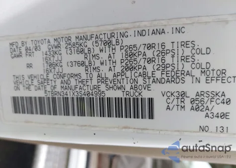 2003 Toyota Tundra Sr5 from USA, damaged, VIN 5TBRN341X3S404995